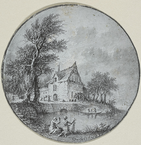 Moulin au bord de l'eau avec deux lavandières au premier plan, Aignan-Thomas Desfriches, 18e siècle