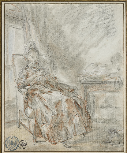 Jeune femme assise dans un fauteuil tenant son ouvrage, Louis Durameau, 1770 vers