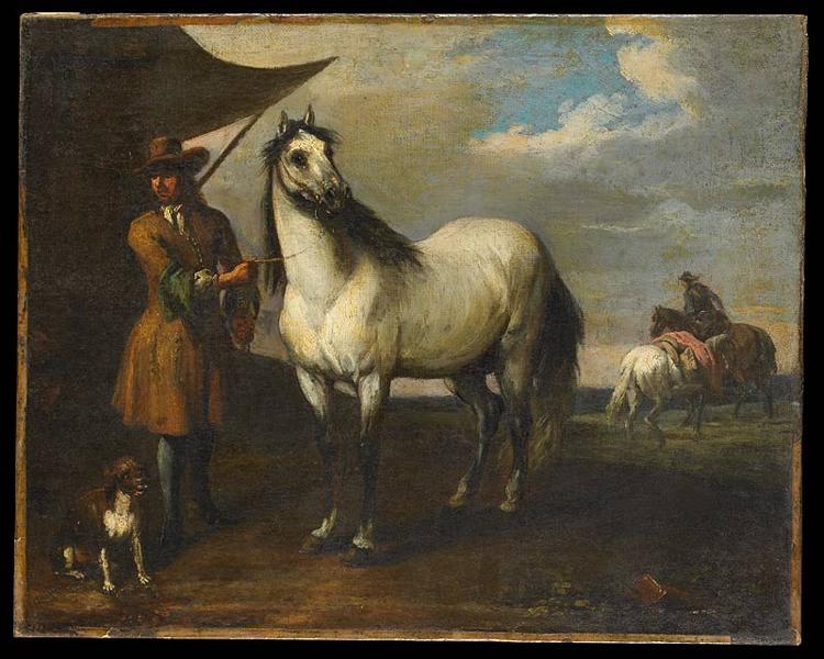 Cavalier tenant un cheval par la bride, Pieter van Bloemen, 17e siècle