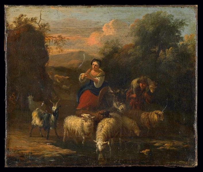Troupeau de moutons et de chèvres accompagné d'un berger et d'une bergère, Michiel Carree, 17e siècle