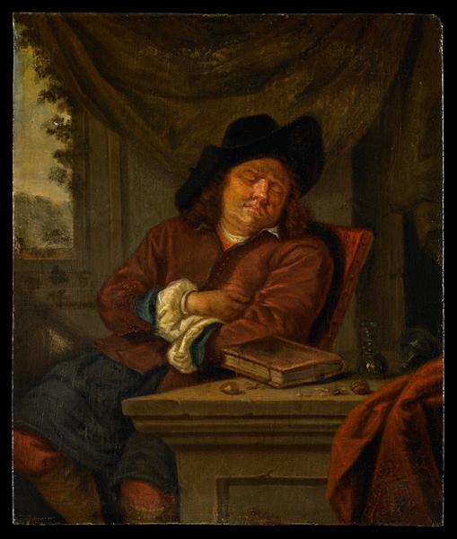 Homme endormi à sa table de lecture, Frans van le Vieux Mieris, 17e siècle
