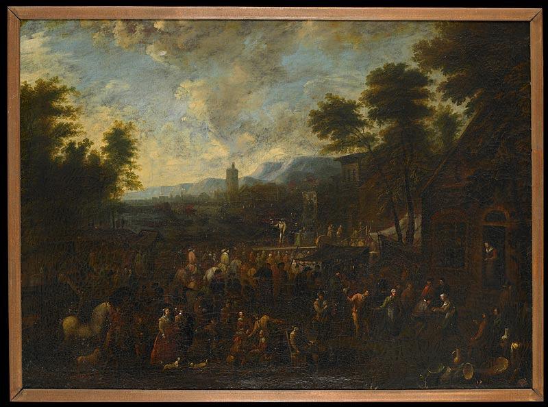 Paysage de foire avec des musiciens, danseurs et charlatan sur une estrade dans une ville portuaire_0