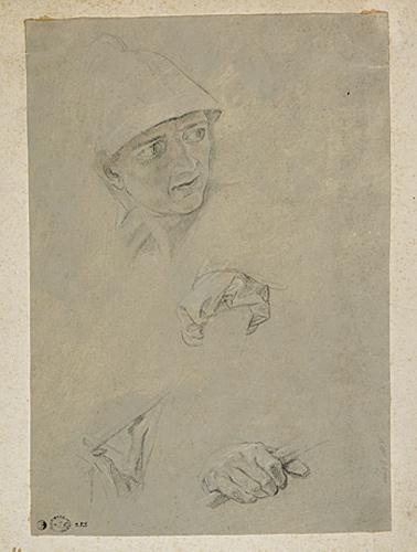 Feuille d'étude : une tête masculine, plis de drapés, une main, Pompeo Batoni, 18e siècle