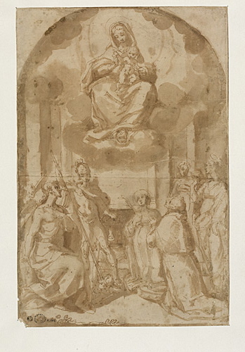 Vierge avec l'Enfant Jésus, adorée par les saints Jean-Baptiste, Charles Borromée, Michel Archange, Joseph, sainte Agathe et deux autres saintes, Antonio Cimatori, 2e moitié 16e siècle, 1er quart 17e siècle