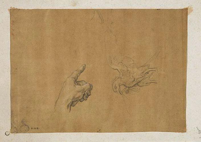 Etude de la main gauche de saint Pierre et de l'aigle de l'étendard romain de 'La chute de Simon le Magicien', Pompeo Batoni, 1746-1755