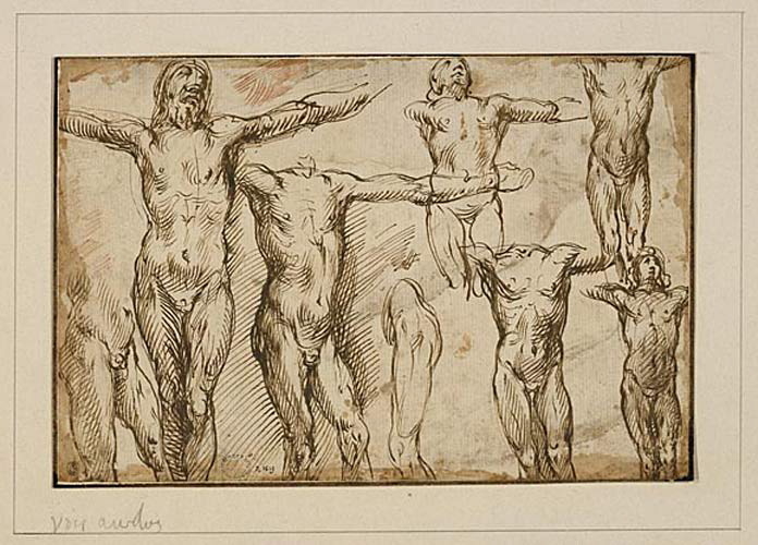 Etudes pour un Christ en croix (recto) ; Etudes de jambes, de mains, d'une tête d'enfant et d'une demi-figure vue de dos (verso), Alessandro Casolani, 16e siècle, 17e siècle