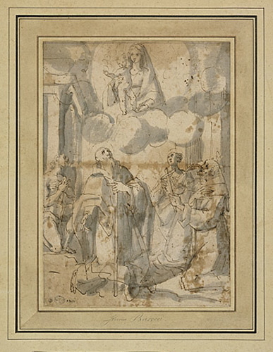 Vierge avec l'Enfant Jésus adorée par saint François d'Assise, deux autres saints et une sainte, Antonio Cimatori, 2e moitié 16e siècle, 1er quart 17e siècle