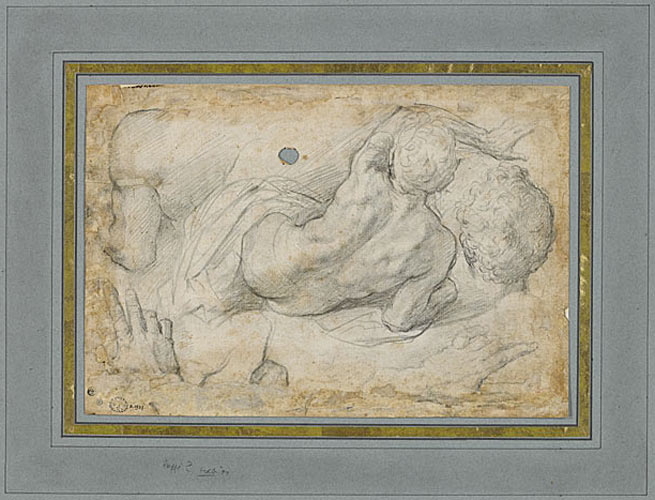 Étude d'un homme vu de dos étendu, reprise de sa tête et de sa main gauche (recto) ; Étude de trois têtes (verso), Bernardino Poccetti, 1589 vers