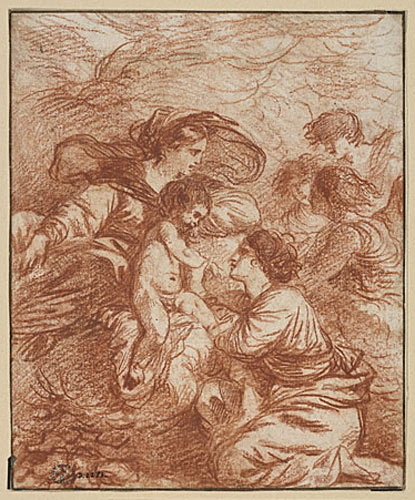 Le Mariage mystique de sainte Catherine, dit La Vierge tenant l'Enfant avec quatre personnages en adoration, Jean Jacques Lagrenée, 18e siècle