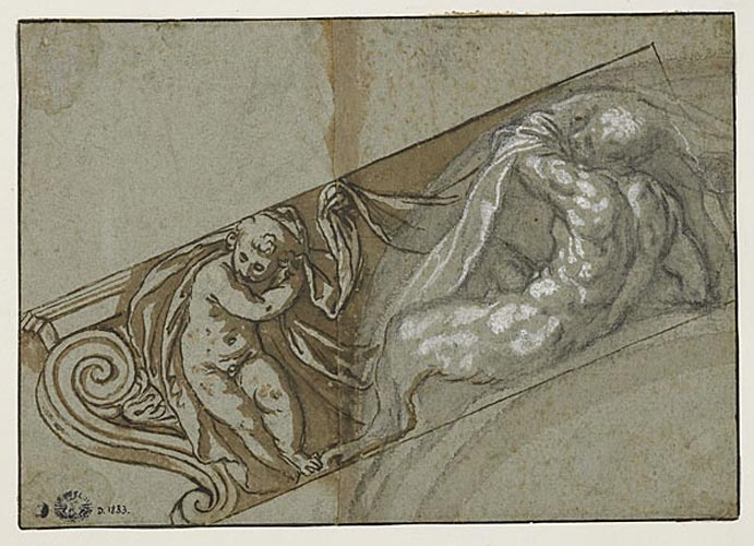Décor architectural avec un satyre allongé et un putto, Paolo Farinati, 1595 vers
