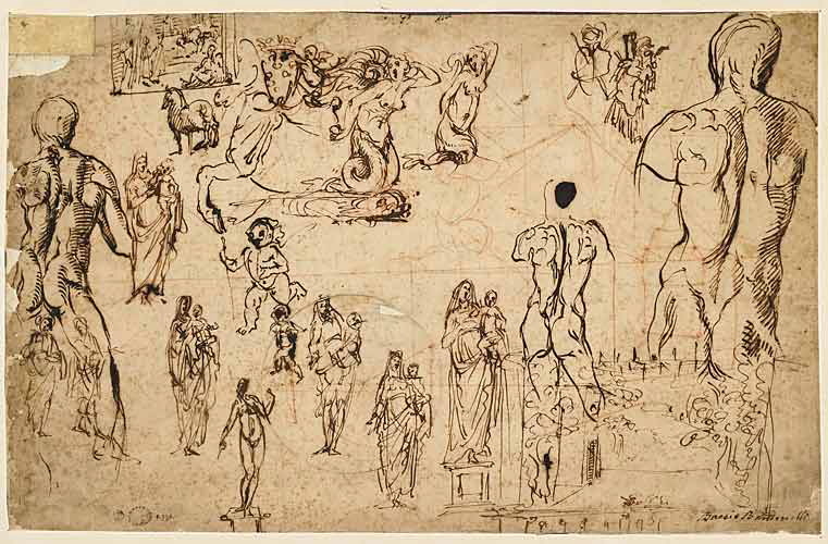 Feuille d'étude aux nombreux croquis: Vierge à l'Enfant, homme de dos, sirène et armoiries des Médicis, cheval, jardin, Niccolò Tribolo, 1539 vers