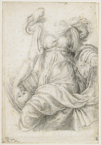 Étude de draperies sur un corps de femme assis, buste de face, jambes en torsion vers la gauche, Francesco Salviati, 1545-1550