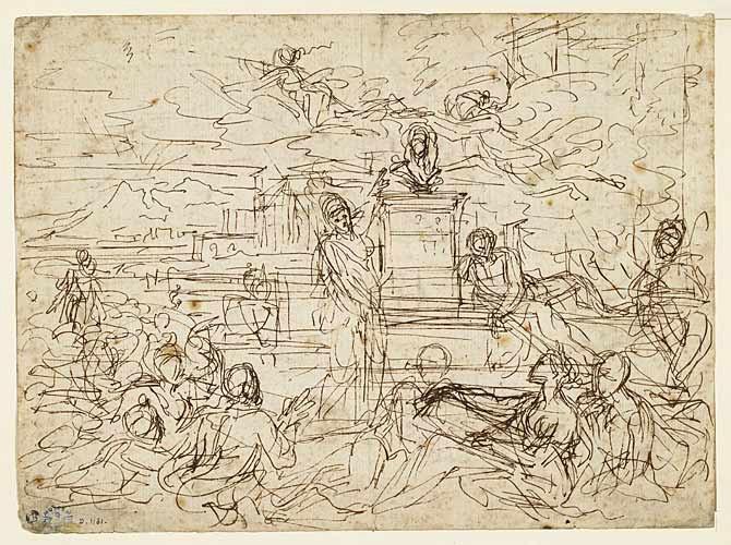 Minerve, Hercule et les muses autour d'un buste (recto) ; études de figures (verso), Мишель Корнель Младший