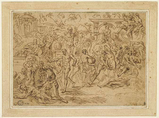 Scène de bacchanale avec de très nombreux personnages, Raymond Lafage, 17e siècle