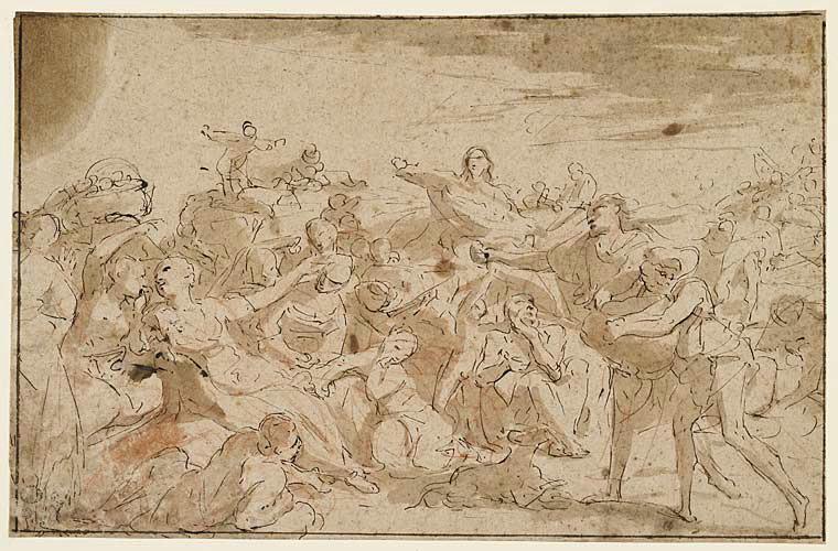 La Multiplication des pains (recto) ; étude de mains et de visages (verso) ; Scène historique avec nombreux personnages (autre titre), Girolamo Troppa, 17e siècle, 18e siècle