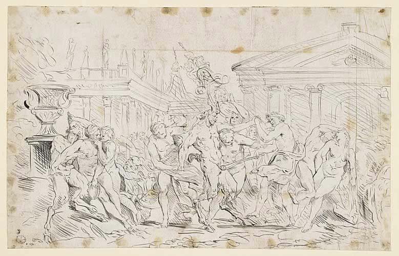 Une bacchanale sur une place publique devant des palais, Raymond Lafage, 17e siècle