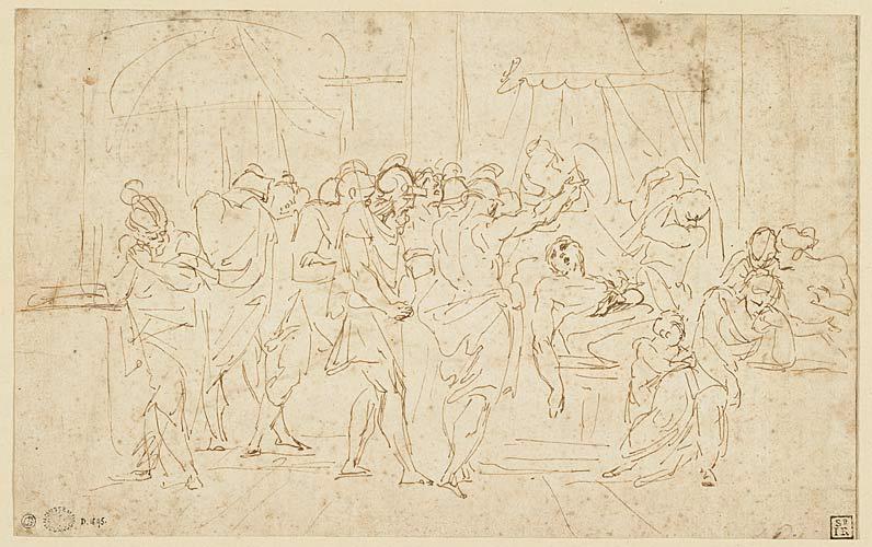 Mort d'un personnage entouré de guerriers (mort de Germanicus ?) (recto) ; étude d'homme (verso), Raymond Lafage, 17e siècle