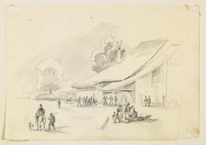 Maison de ferme au grand toit ; Groupe de paysans devant une ferme, Jean Gigoux, 19e siècle