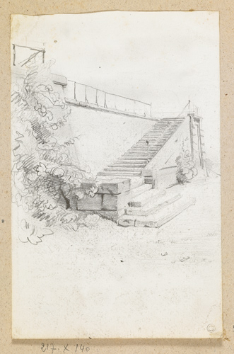 Escalier en pierre au pied d'un grand mur, Jean Gigoux, 19e siècle