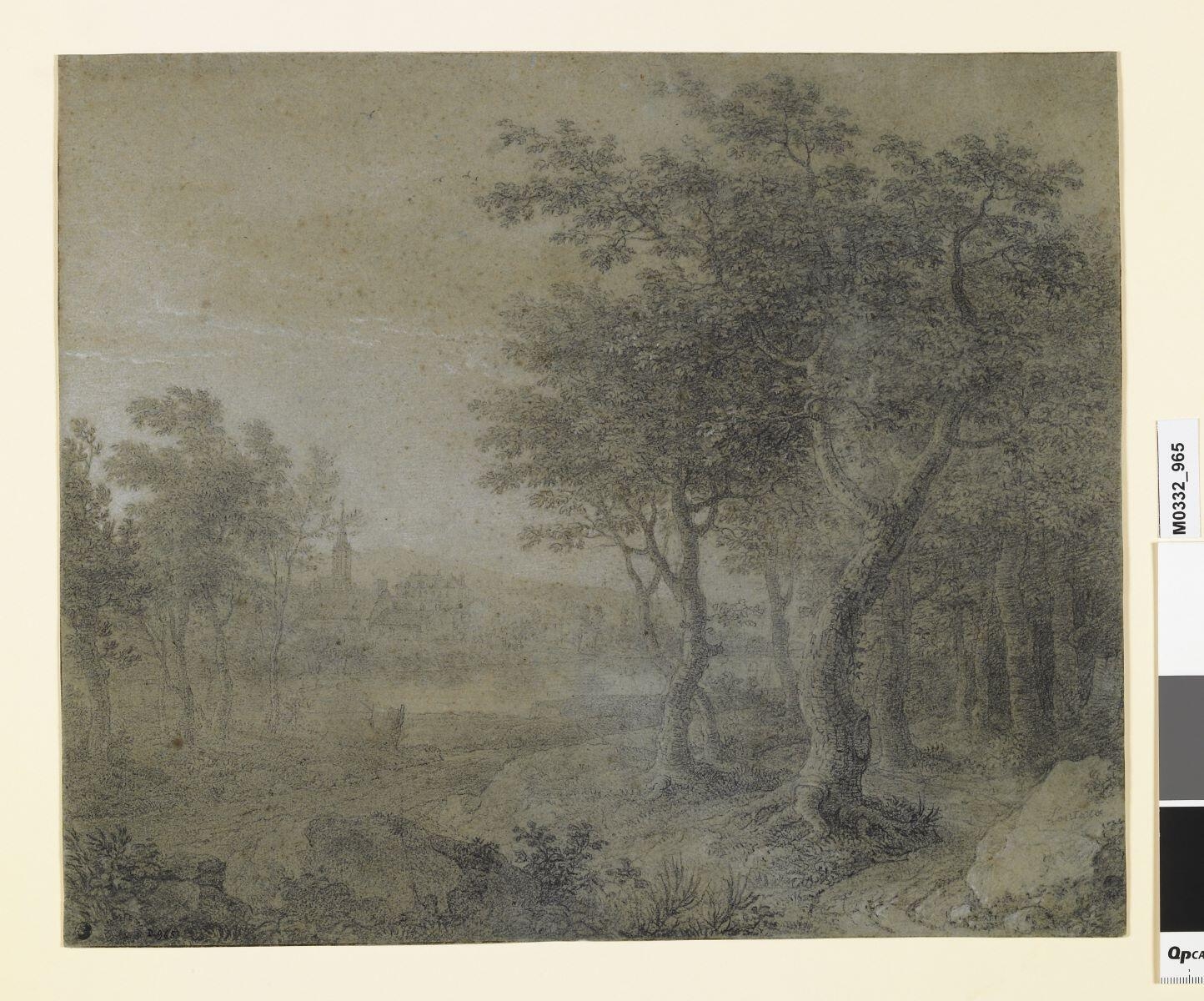 Un fleuve entre un village et une forêt, Simon-Mathurin Lantara, 18e siècle