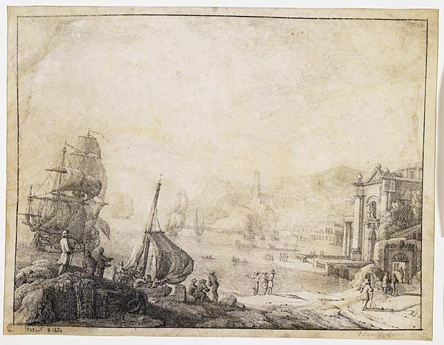 Vaisseaux et galères dans une baie, devant une ville entourée de montagnes, Dominique Barriere, 17e siècle