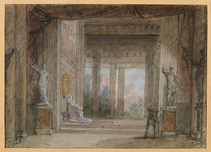 Projet de décor de théâtre : vue sur une salle du trône et une galerie à colonnes, Édouard Baille, 19e siècle