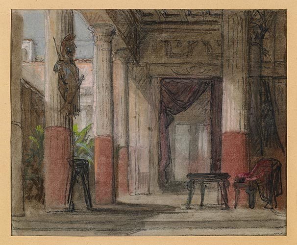 Projet de décor de théâtre : galerie à colonnes ouvrant sur un atrium_0