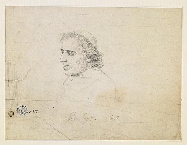 Le pape Pie VII, vu en buste et de trois-quarts, tourné vers la gauche, David, 1805 vers