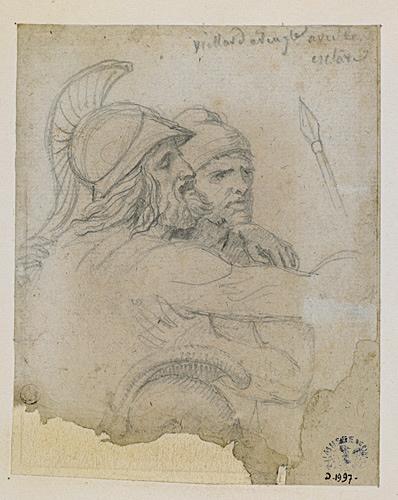 Guerrier grec aveugle, vu en buste, appuyé sur un Ilote, extrémité d'une lance et casque (recto) ; étude d'un groupe d'hommes (verso), David, 1813 vers
