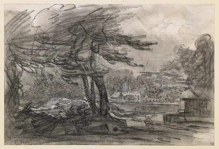 Paysage italien (recto) ; étude de groupes de figures à l'antique (verso), Achille Etna Michallon, 19e siècle