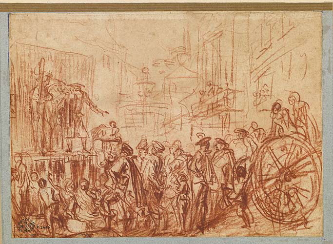 Parade foraine ; Foule assistant à une représentation en plein air, Antoine Watteau, 1716 vers