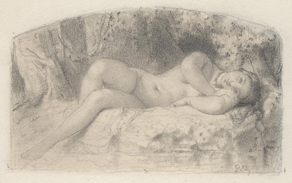 Jeune femme allongée au bord de l'eau dans un sous-bois, Paul Delaroche, 1845