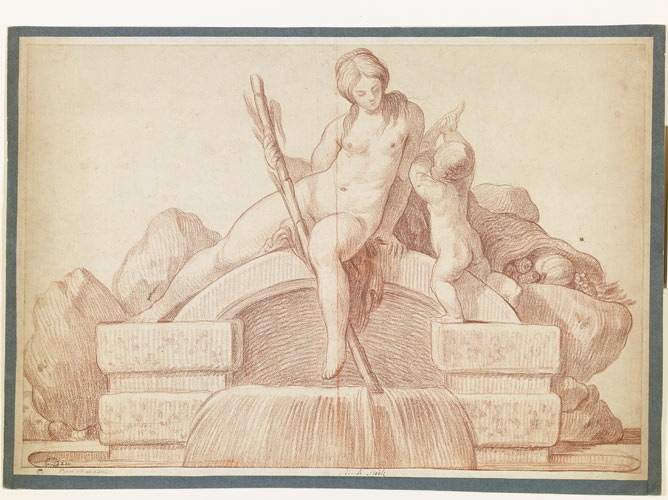 Fontaine monumentale avec un amour, une corne d'abondance et une femme nue tenant un roseau (recto) ; Projet de décoration architecturale en haut-relief avec un médaillon à l'effigie du roi (verso), René Michel Slodtz, 1746 après