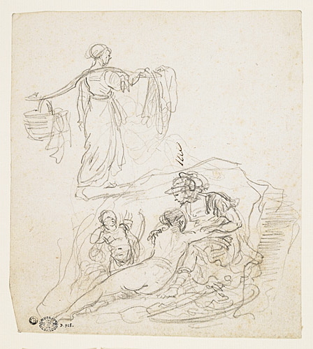Femme portant un panier et du linge à l'aide d'un portoir-balance ; Vénus, Mars et Cupidon, Hubert Robert, 1788 vers