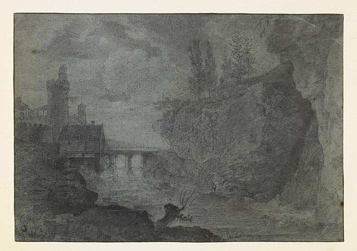 Une rivière passe sous un pont non loin d'un château féodal, Simon-Mathurin Lantara, 18e siècle