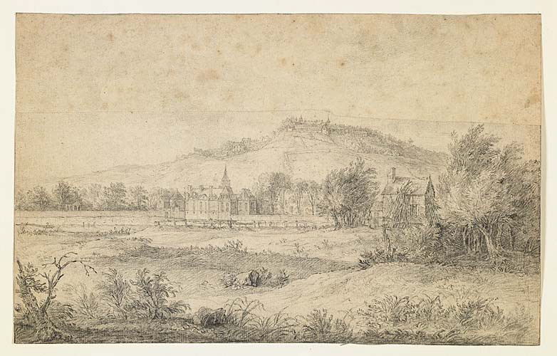 Un château classique au bas d'une colline couronné par un village, Simon-Mathurin Lantara, 18e siècle