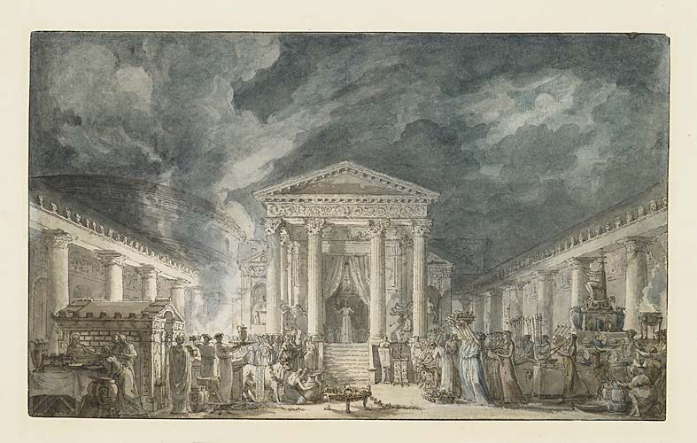 Le temple d'Isis à Pompéi, cérémonie nocturne devant le temple reconstitué, Louis-Jean Desprez, 1780 vers