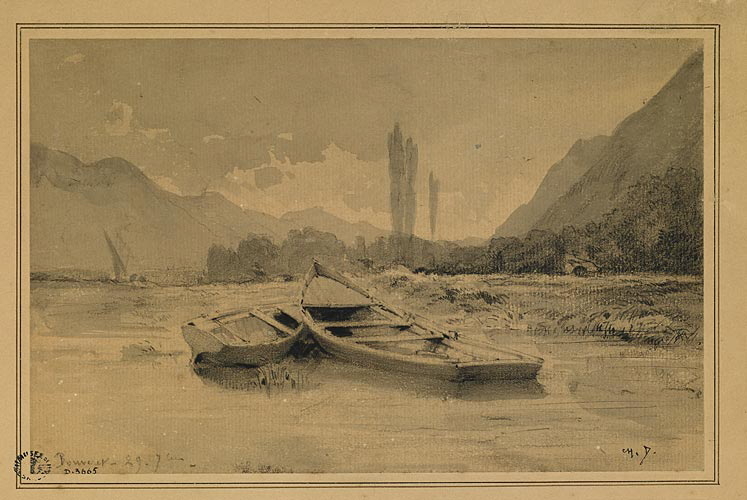Deux barques échouées sur la rive d'un lac, Charles Donzel, 19e siècle