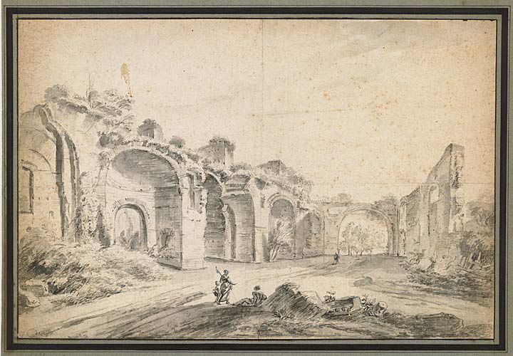 Ruines romaines avec trois personnages au premier plan, Jean-Baptiste Lallemand, 1747 entre,1751 et