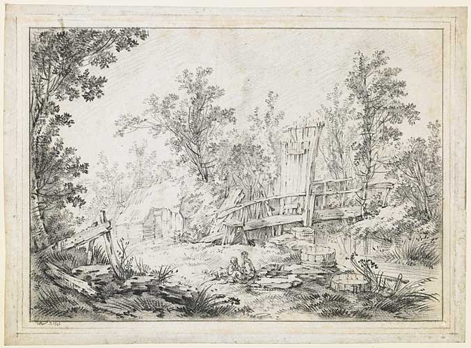 Paysage champêtre animé avec une passerelle en bois, Jacques Nicolas Julliard, 18e siècle