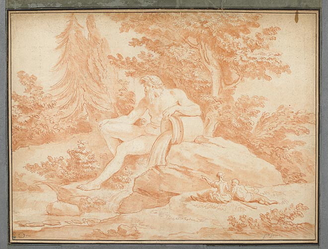 Paysage avec deux personnages contemplant la statue colossale d'un dieu-fleuve, Augustin Pajou, 1761 vers