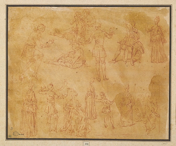 Feuille d'études : hommes debout et assis, femmes debout et assises, un joueur de violoncelle en haut à droite, Antoine Watteau, 18e siècle