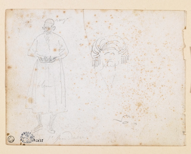 Croquis : un homme vêtu à l’orientale, debout et une tête d’homme, Antoine-Jean Gros, 19e siècle