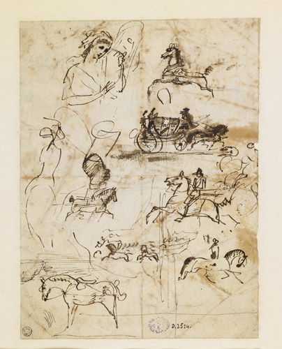 Feuille de croquis: cavaliers, équipage, femme jouant de la harpe (recto) ; croquis de femme jouant de la harpe (verso), Antoine-Jean Gros, 19e siècle