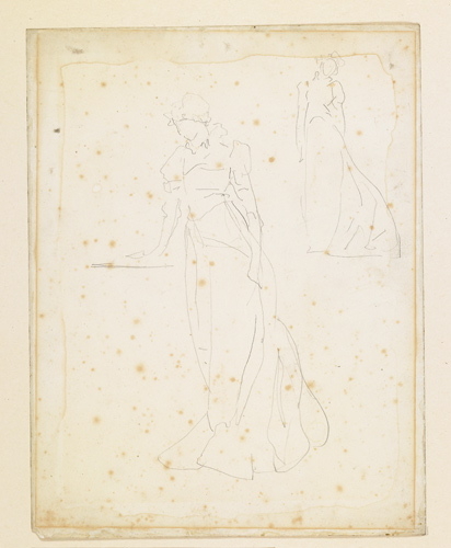 Feuille d'étude : croquis de femme en robe longue ; Sarah Bernhardt dans Hernani, François-Nicolas Chifflart, 2e moitié 19e siècle