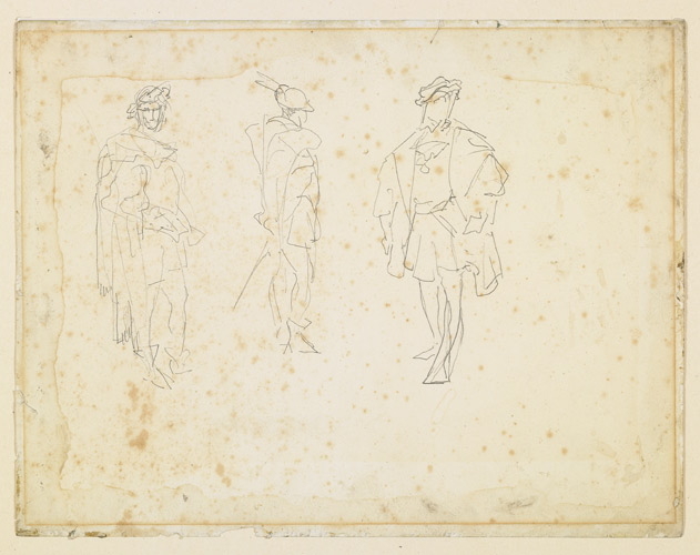 Feuille d'étude : trois croquis de gentilshommes ; Trois études en pied de Mounet Sully dans Hernani, François-Nicolas Chifflart, 2e moitié 19e siècle