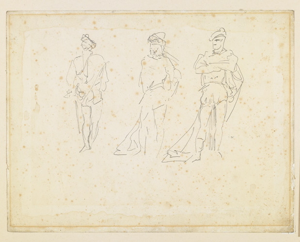 Feuille d'étude : trois croquis de gentilshommes ; Trois études en pied de Mounet Sully dans Hernani, François-Nicolas Chifflart, 2e moitié 19e siècle
