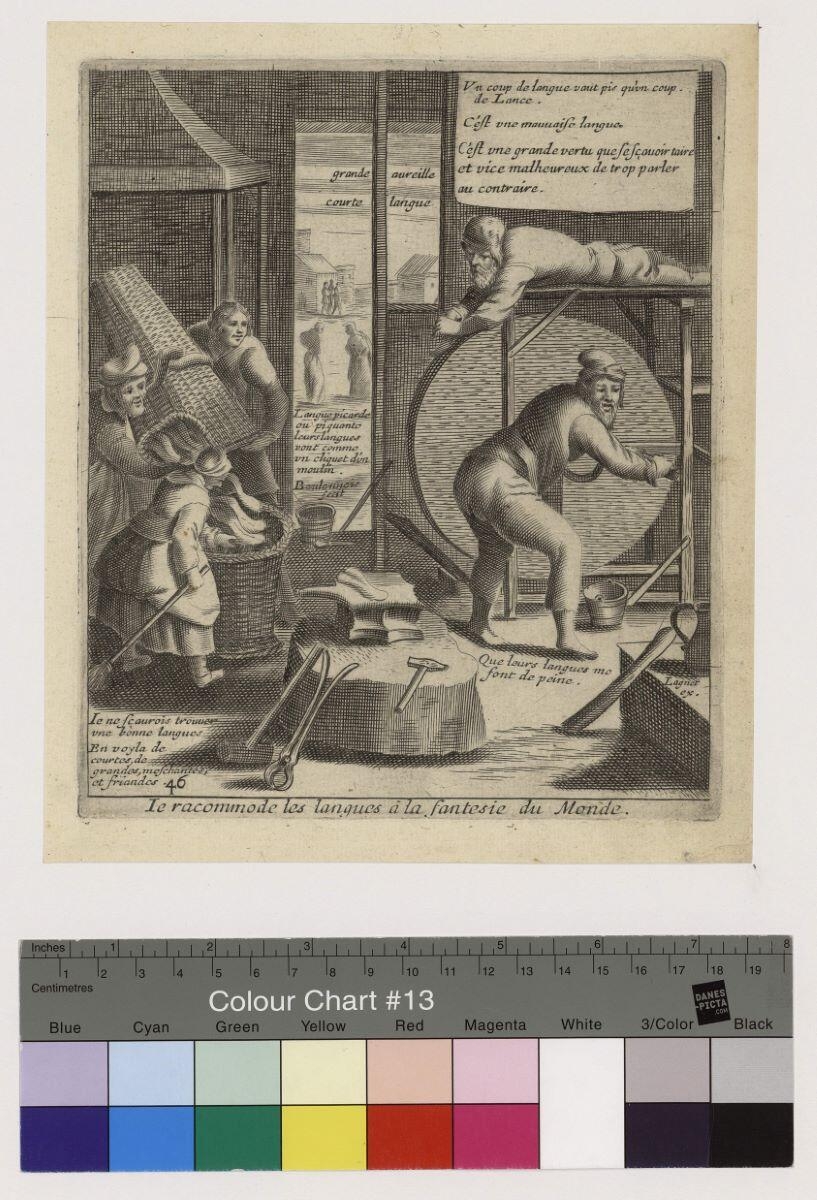 Ie racommode les langues à la fantesie du Monde, pl.46 du 1er livre du Recueil des plus illustres proverbes, Jacques Lagniet, 1657-1663