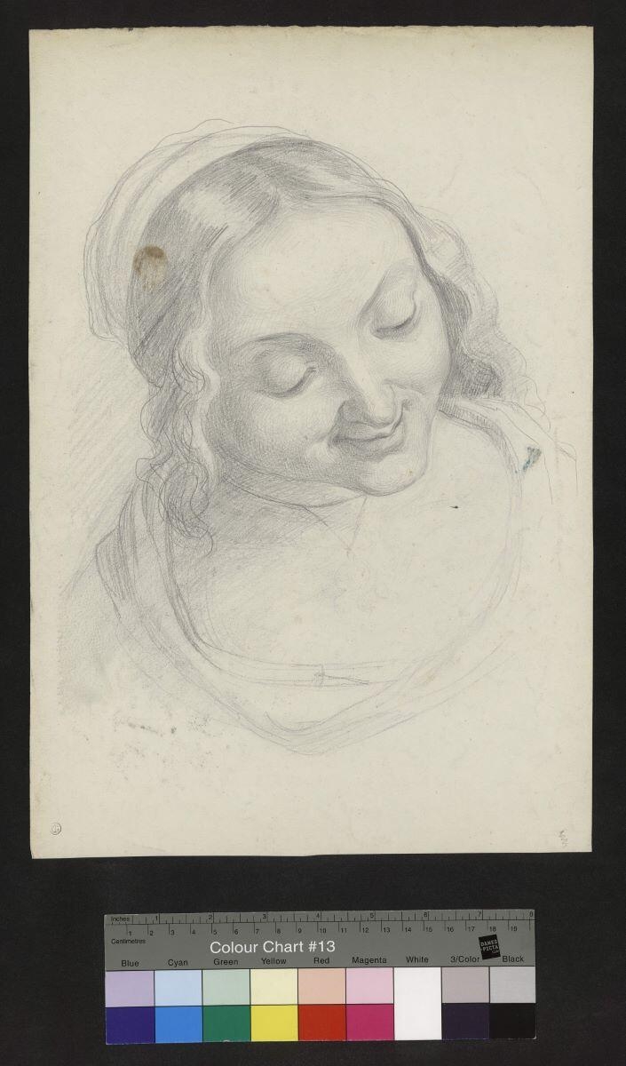 Etude de tête d'une femme aux yeux clos, tête penchée vers l'avant, tournée vers la droite, Jean Gigoux, 1830 milieu