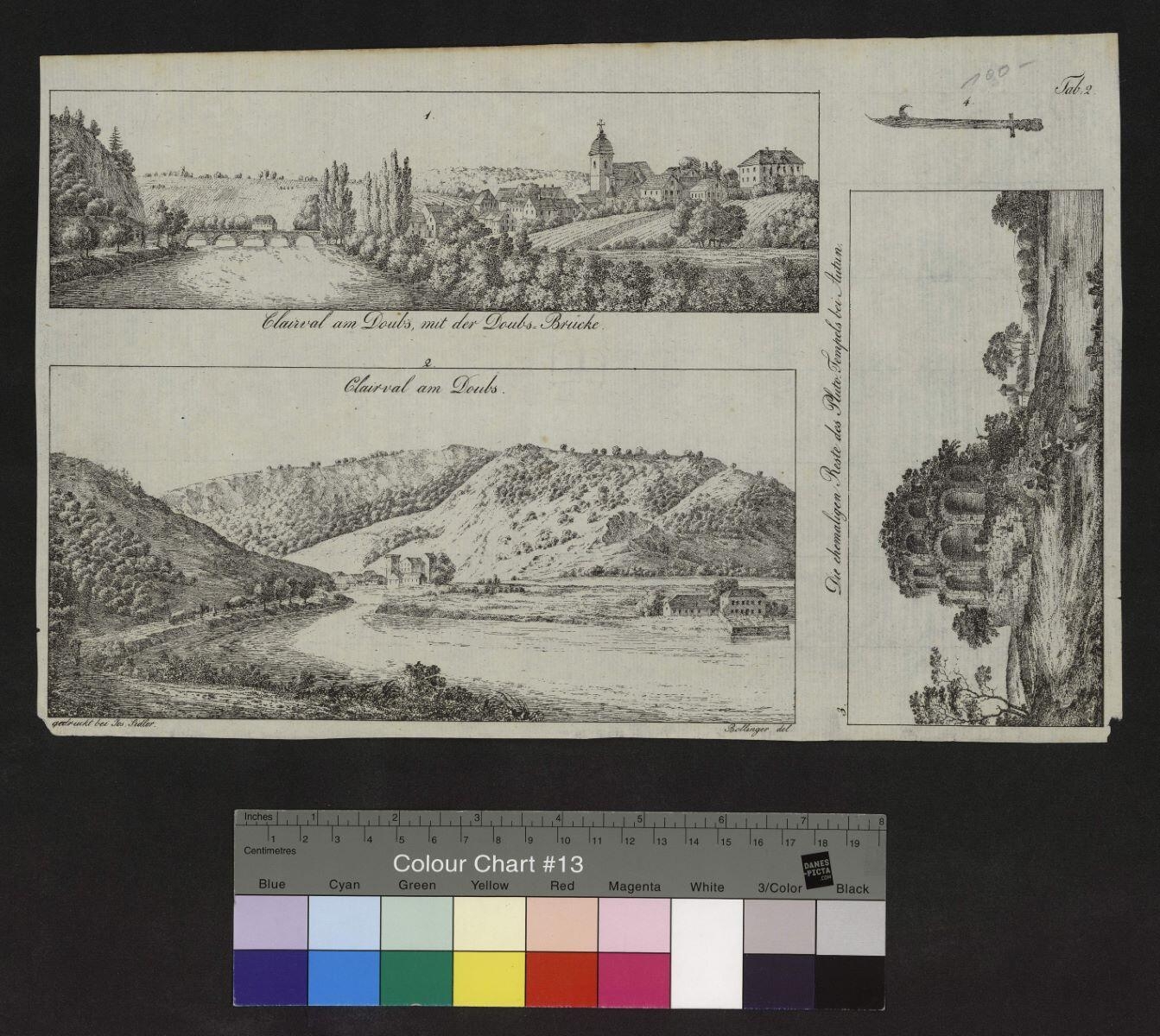 1. Clairval am Doubs, mit der Doubs : Brücke. 2. Clairval am Doubs. 3. Die chemaligen reste des Pluto-Tempels bei Autun. 4. [Objet provenant de Lyon]_0